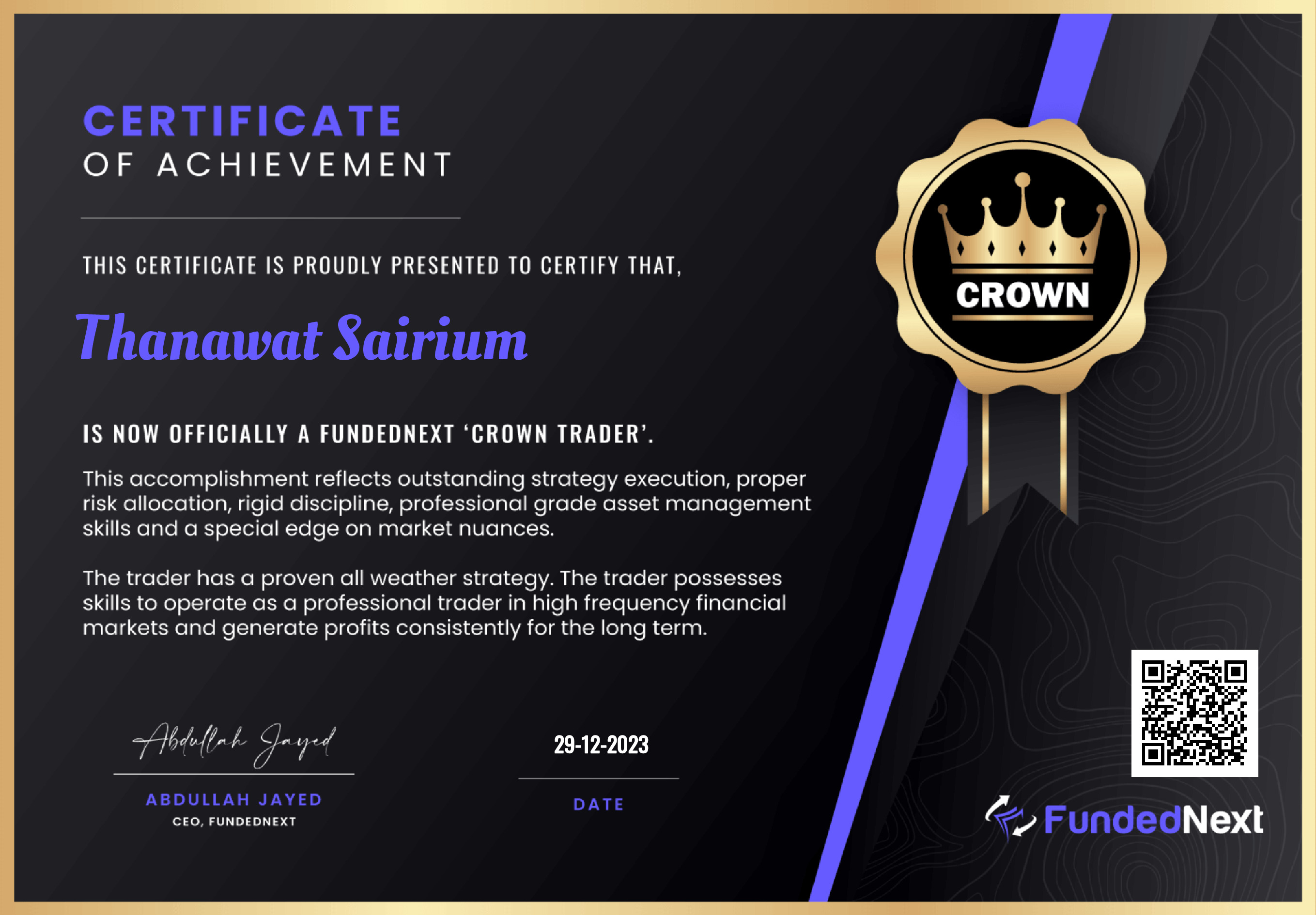 FundedNext Crown Trader certificate